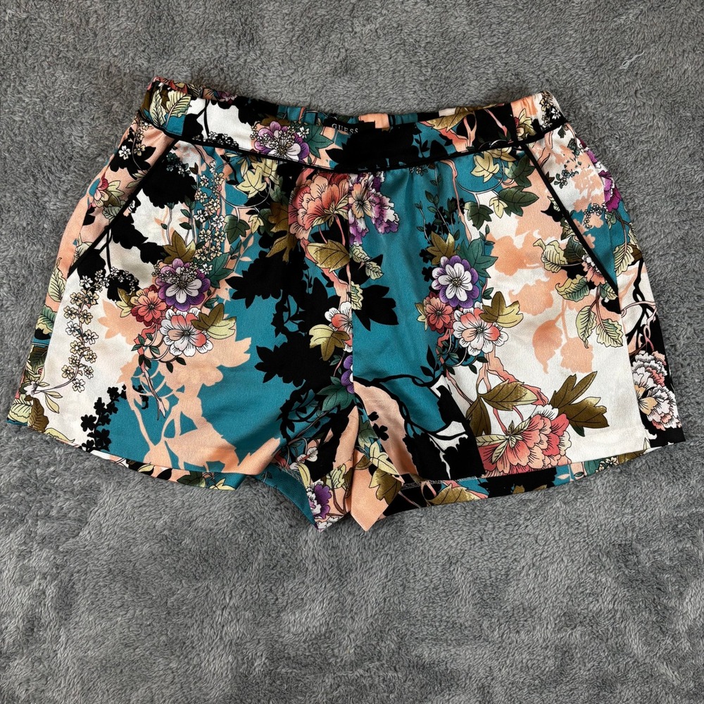 GUESS Los Angeles Floral Print Shorts Teal Peach Black Piping Pockets Size M